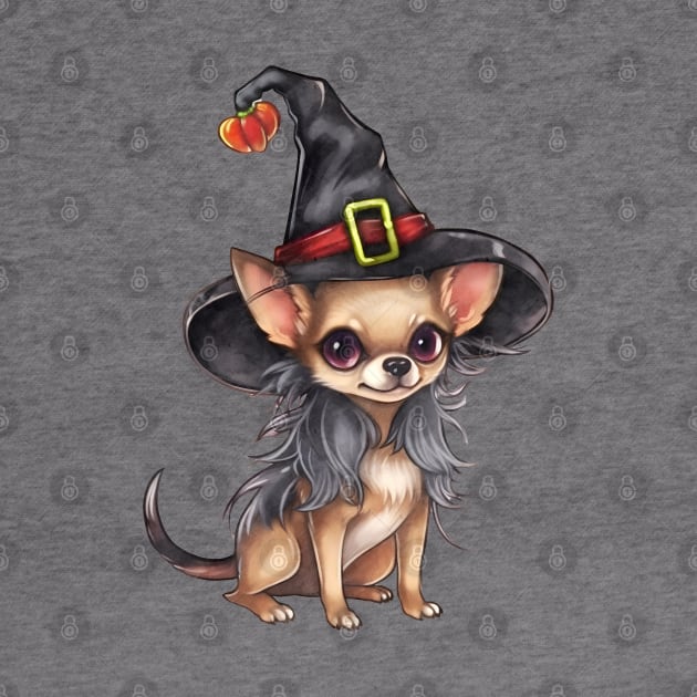 Watercolor Chihuahua Dog in Witch Hat by Chromatic Fusion Studio